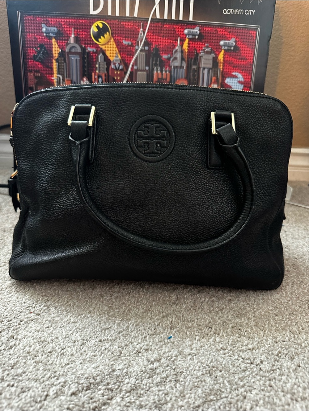 Tory Burch Black Pebbled Leather Satchel with Gold-Tone Hardware